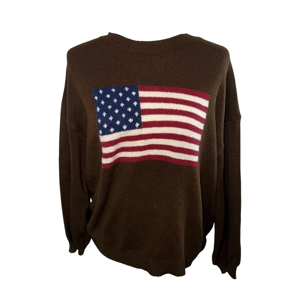 American Flag Knit Sweater Brown Crewneck Long Sleeve Americana Womens L cozy